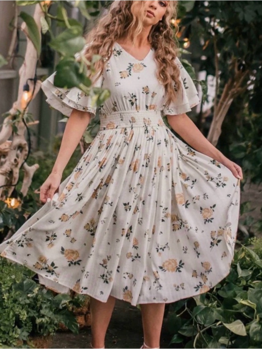 JessaKae Floral Smocked Waist Midi Dress in Cream
